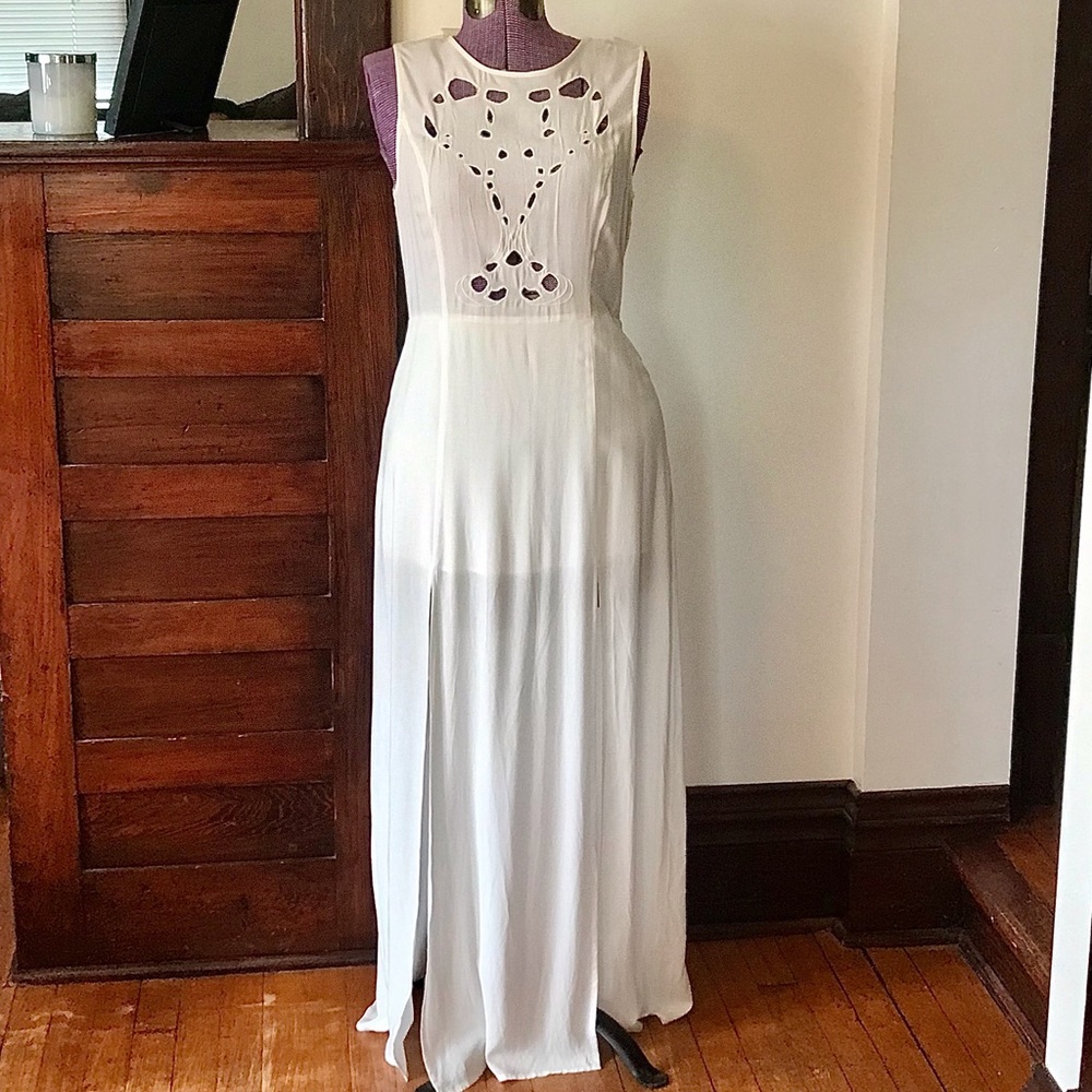 Off white maxi dress with embroidery cutout detail